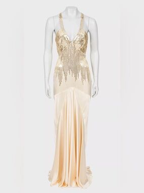 Roberto Cavalli Vintage 2008 Sequin V-Neck Evening Gown in Champagne size IT 40